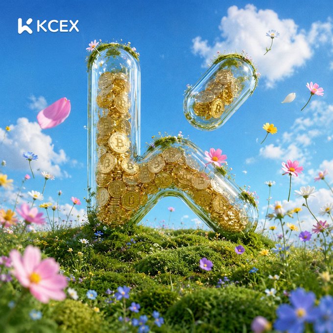 A KCEX promotional graphic featuring glass capsules shaped like the letters 'K' filled with Bitcoin, set in a colorful flower field under a blue sky.