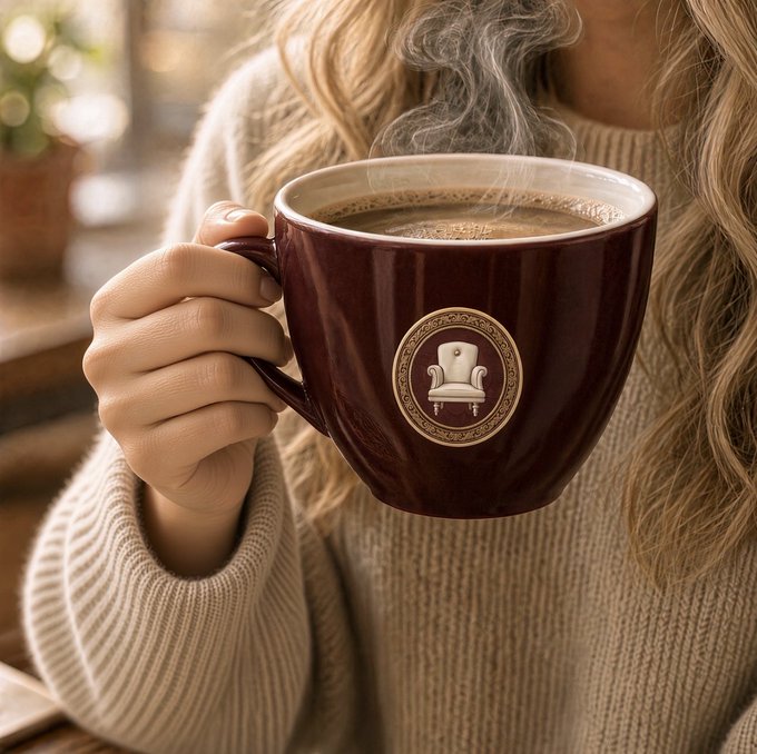 Close-up photo of a woman in a cream sweater holding a dark maroon coffee mug with an ornate armchair emblem, with steam rising from the hot beverage.