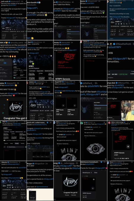 A collage of numerous screenshots displaying Twitter/X posts, community engagement, and information related to the '$NTRPY' token and 'NTRPY Genesis'.