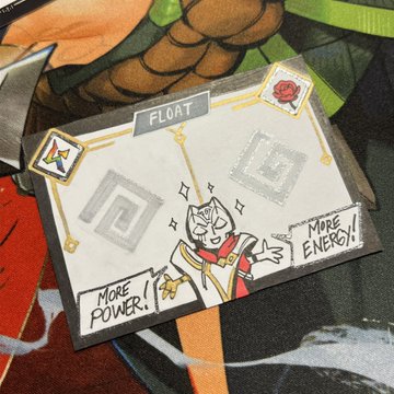 A hand-drawn card labeled "FLOAT" features a whimsical character with horns, chain, and a robe, accompanied by the text "MORE ENERGY!" and "MORE POWER!" The illustration matches the post's description of a custom rune token made for the character "Boky," depicted with magical/floating-themed artwork that fits the in-game "rune token" concept mentioned.