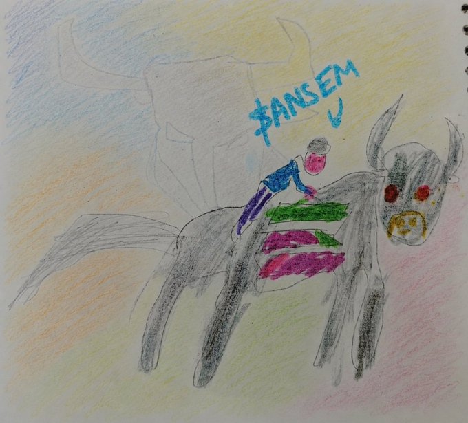 A child's colorful crayon drawing depicts a person riding a bull, labeled "$ANSEM" in blue.