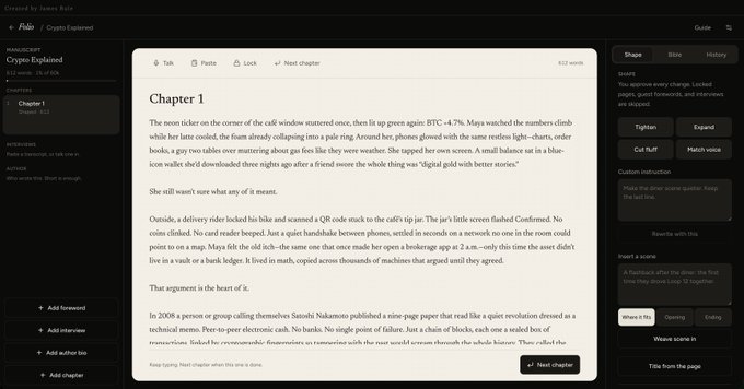 The image shows a writing interface for a story titled "Crypto Explained" by James Robin, displaying Chapter 1 about a delivery rider involved in the 2008 financial crisis and Bitcoin, with tools for AI-powered writing assistance on the right sidebar. The interface aligns with the "tryfolio.grok.me" link, suggesting this is a portfolio or writing platform designed for content creation with AI tools like "Tighten," "Expand," "Cut fluff," and "Match voice."