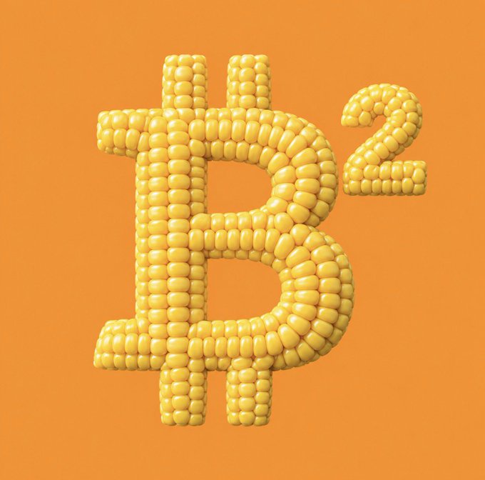A 3D graphic features a Bitcoin logo and the number '2' constructed entirely from yellow corn kernels against an orange background.