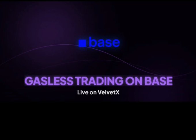 A dark graphic with the blue 'base' logo features the text 'GASLESS TRADING ON BASE' in glowing purple letters, with 'Live on VelvetX' underneath.