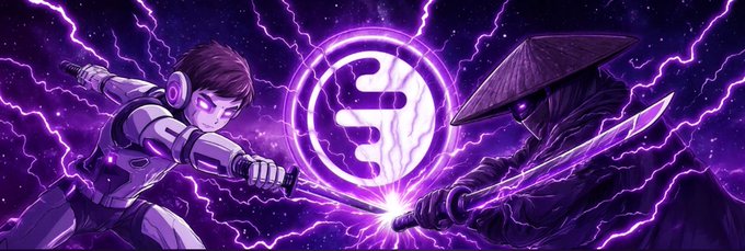 A digital artwork depicting a samurai-style warrior in futuristic armor clashing swords with a cloaked figure beneath a glowing purple crescent moon logo, surrounded by lightning.