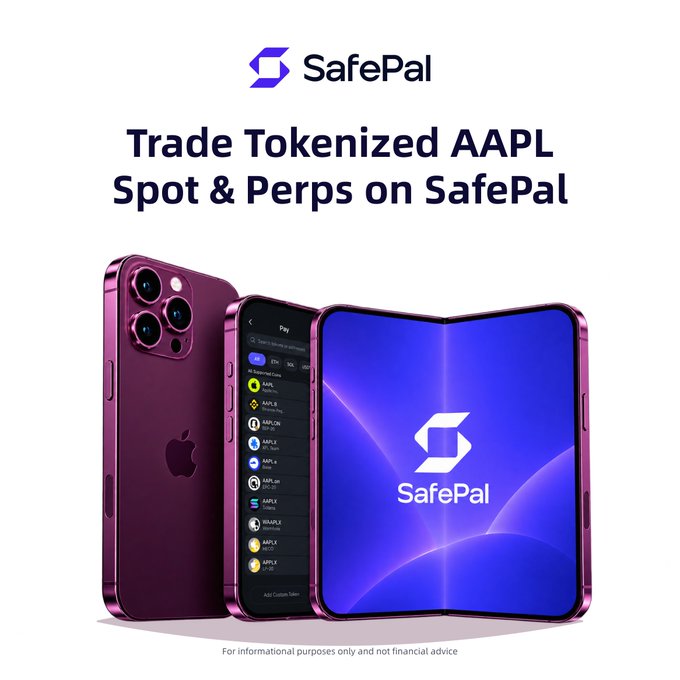 A promotional graphic for SafePal featuring three purple/rose-colored iPhones (including a foldable model) with the headline "Trade Tokenized AAPL Spot & Perps on SafePal," showcasing the trading app interface on the screen to advertise round-the-clock Apple stock (AAPL) trading ahead of Apple's product launch event.