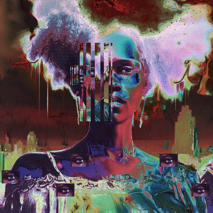 A vibrant, psychedelic digital portrait features a woman with an afro in bold colors of green, blue, red, and purple with dripping paint effects.