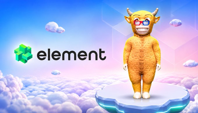 A cheerful orange horned mascot wearing 3D glasses stands on a glowing platform above pink and purple clouds, beside the "element" logo. The whimsical imagery promotes Element Market's trending NIULAI (牛来) NFT collection, visually matching the post's highlight of its rapid sales growth just two days after launch.