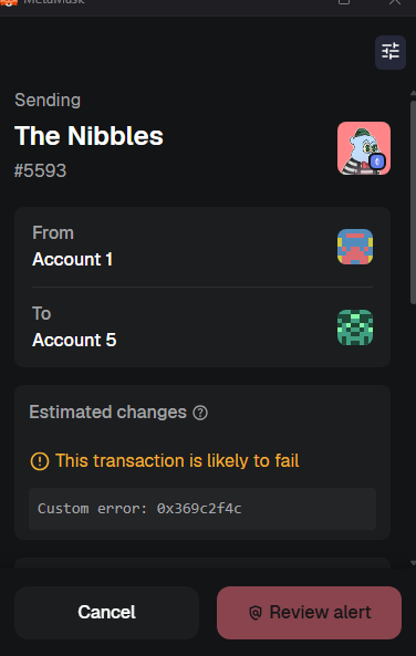 The image shows a cell phone screen with an app called "The Nibbles" displayed at the top of the screen, along with some text that reads "From account 1", "To account 5", and "Account 5". The user has sent a message to this account, but it appears there is an error in the transaction. The message also contains a review alert for the recipient's attention.