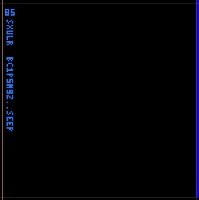 Black screen with blue pixelated text on the left side reading "8: 3XULR EC1F5H32...;3EP".