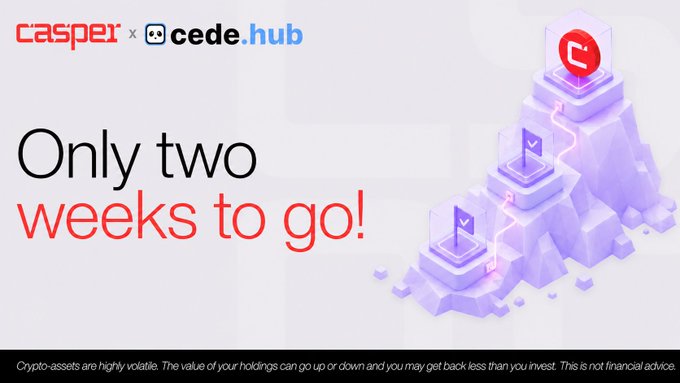 Promotional banner for the Casper (CSPR) trading campaign with cede.hub, featuring the text "Only two weeks to go!" alongside an illustration of a tiered pyramid topped with the Casper logo, emphasizing the limited time remaining to participate in the non-custodial CSPR trading event on Bybit and OKX.