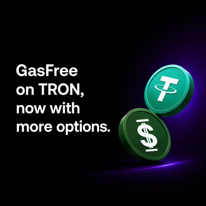 The image features a sleek promotional graphic with the text "GasFree on TRON, now with more options." alongside two stylized 3D coins—one displaying the Tether (USDT) "T" logo and the other showing a USDD dollar sign coin—against a dark background. This visually supports the post's announcement about GasFree on the TRON mainnet expanding support to include USDD, enabling holders to pay transaction fees directly with USDD.