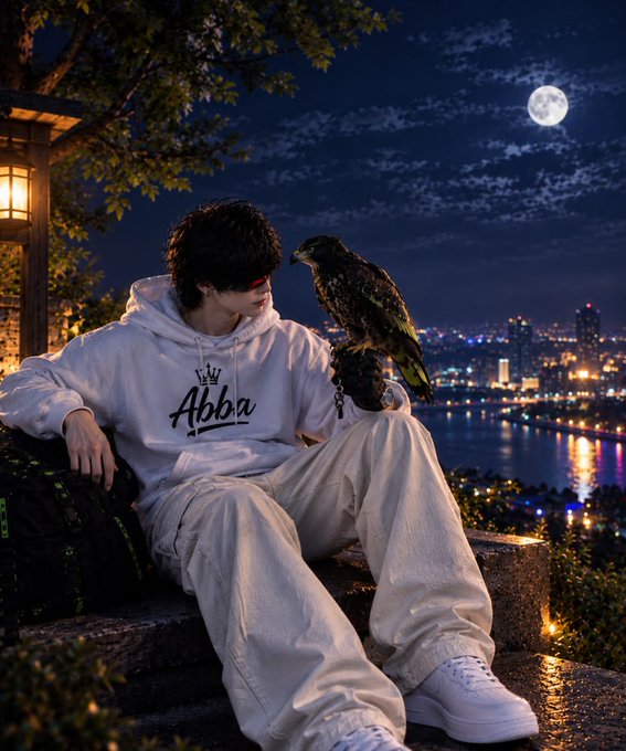 A young man wearing a white hoodie with 'Abba' printed on it and white pants sits outdoors at night, gazing at a bird perched on his hand, with a city skyline and full moon in the background.
