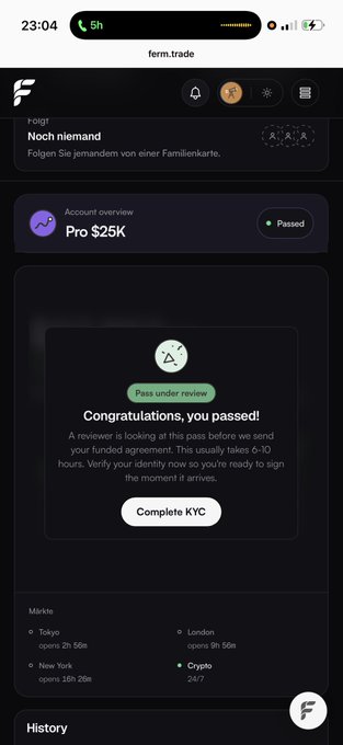 Screenshot of the Ferm.trade dashboard showing a passed Pro $25K account with a "Congratulations, you passed!" message and a green "Pass under review" badge, supporting the user's note about logging in after days to find their NEAR trade resulted in a prop firm account pass.