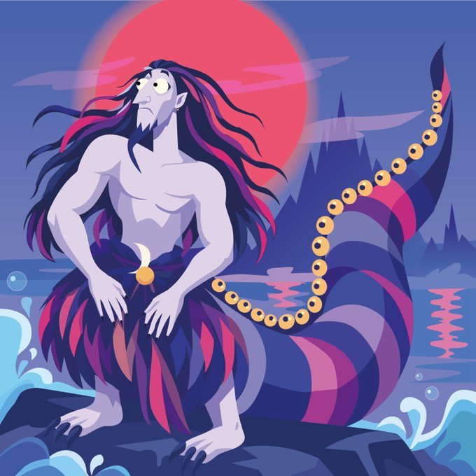 An illustration features a merman with long dark hair, a purple and red tail, and a grass skirt, standing before a large red moon.
