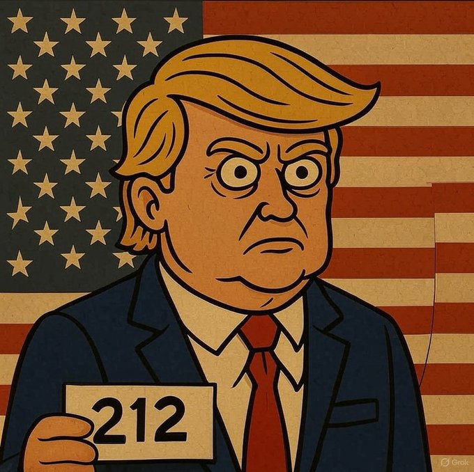Cartoon illustration of Donald Trump in a dark suit and red tie holding a "212" sign against an American flag background, marked as Grok.
