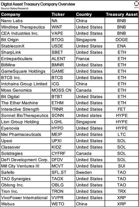 The image is a Galaxy Research overview listing 26 Digital Asset Treasury companies, including Nano Labs (BNB), CEA Industries (BNB), Bit Origin (DOGE), StablecoinX (ENA), and Sharplink (ETH), among others holding assets like ETH, SOL, HYPE, SUI, TAO, TRX, and XRP. This table supports the post's point that in 2025, a wide variety of companies—from biotechs like Windtree Therapeutics and Eyenovia to firms like VivoPower and Webus—rushed to announce digital asset treasuries to boost stock prices, but many have since gone quiet as the hype faded.