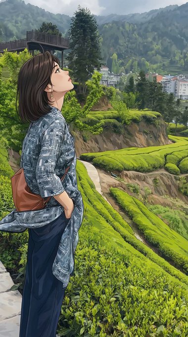 A woman in a traditional blue patterned kimono stands among vibrant green tea terraces, gazing upward toward a quiet hillside village. The stillness of the empty landscape mirrors the post's observation of CT losing its lively energy, surrounded by beauty but absent of activity.