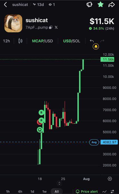 A mobile trading app chart for the memecoin 'sushicat' (7ApF...pump) showing a market cap of $11.5K with a massive 34.5% 24-hour increase and a sharp upward price spike.
