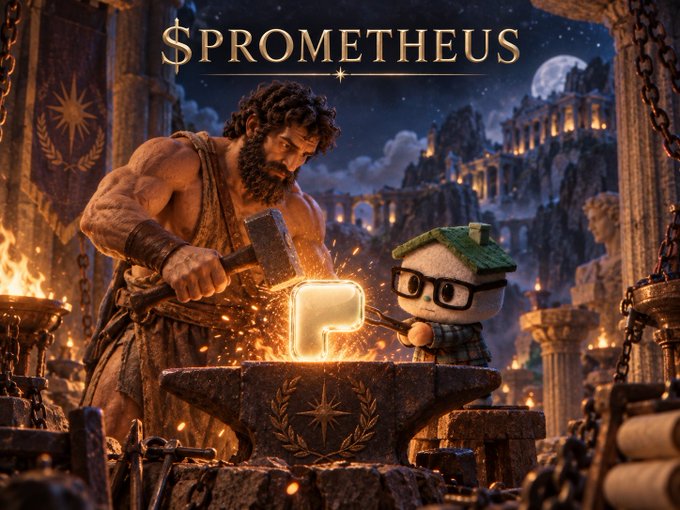 A promotional image titled '$PROMETHEUS' showing a muscular bearded man forging a glowing golden 'P' on an anvil, assisted by a small cartoon character wearing glasses and a cap.
