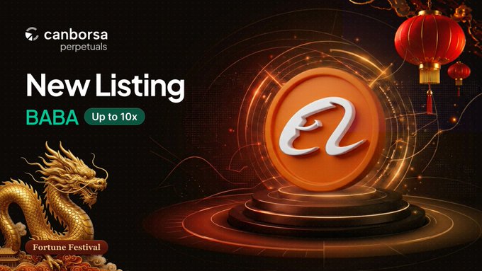 A promotional banner from 'canborsa perpetuals' announcing a 'New Listing' for BABA with 'Up to 10x' leverage, featuring a golden dragon, red lanterns, and a glowing 'e' logo under the theme 'Fortune Festival'.