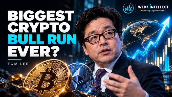 A man wearing glasses and a suit gestures while speaking, set against a backdrop featuring Bitcoin and Ethereum coins alongside rising market charts. Bold text reads "BIGGEST CRYPTO BULL RUN EVER?" with "TOM LEE" credited, complemented by a "Web3 Intellect" logo, visually reinforcing the post's claim about an unprecedented crypto bull cycle.