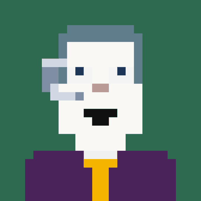 A pixel-art style portrait of an older man with gray hair, glasses, a white beard, and an open mouth, wearing a purple suit jacket with a yellow tie, set against a dark green background.