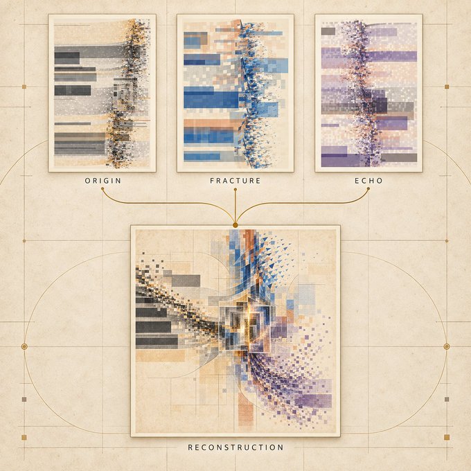 A digital art series titled "Origin," "Fracture," and "Echo" connects via lines to a larger composite piece labeled "Reconstruction," visually representing how separate artistic elements merge into a unified whole—aligning with the tweet's mention of a collaboration with @ImprintRH and a 24-hour window for engagement.