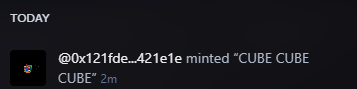 The image shows a grey-colored screen with text information related to an MMO called " Cube" which includes a post that says "Today" and has a screenshot of a player's profile, marked as #0x21fde42e45ellemined cube 2m.
