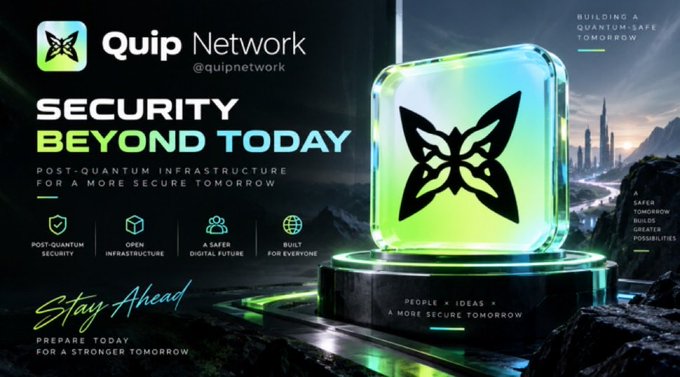 A promotional graphic for Quip Network (@quipnetwork) featuring their butterfly logo on a glowing green cube, with the tagline "SECURITY BEYOND TODAY — POST-QUANTUM INFRASTRUCTURE FOR A MORE SECURE TOMORROW" alongside icons highlighting post-quantum security, open infrastructure, a safer digital future, and built-for-everyone design, set against a futuristic cityscape.

The image visually reinforces the post's theme by framing Quip Network's post-quantum infrastructure as the next evolution of coordinated, useful computation — positioning availability and security not just as machine uptime, but as the foundation for a more resilient digital future.
