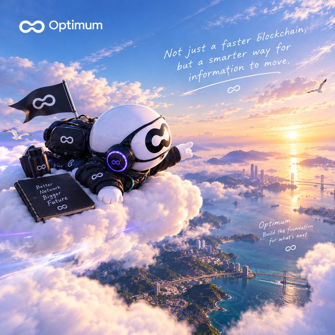 An Optimum promotional graphic featuring a mascot on a cloud with text 'Not just a faster blockchain, but a smarter way for information to move.'