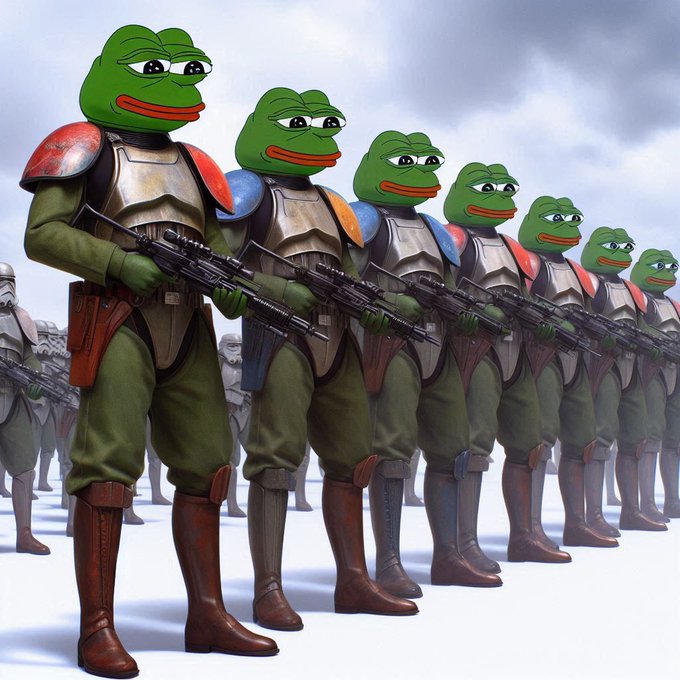 A line of soldiers with Pepe the Frog faces wearing military armor and holding rifles stands in formation, with additional stormtrooper-like figures in the background.