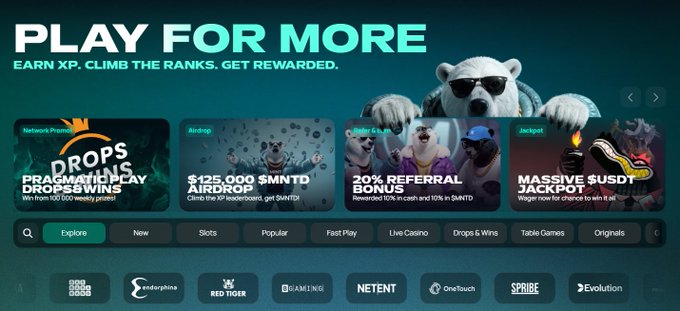 A digital banner for an online gaming platform reads 'PLAY FOR MORE' and 'EARN XP, CLIMB THE RANKS, GET REWARDED', showing promotional offers like 'DROPS & WINS' and 'AIRDROP'.