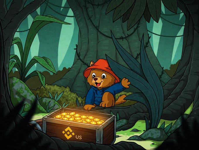 The image features a cartoon cat sitting inside an open chest filled with gold coins, surrounded by trees and plants. The text "BERT x @BinanceUS" appears near the bottom of the image, which could be a reference to Bitcoin or another cryptocurrency.