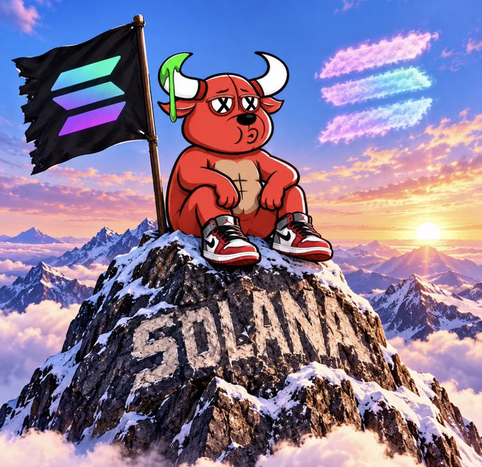 A digital illustration of a red cartoon bull with horns, wearing red and black sneakers, sitting atop a snowy mountain peak carved with 'SOLANA', holding a Solana logo flag under a colorful sunset sky.