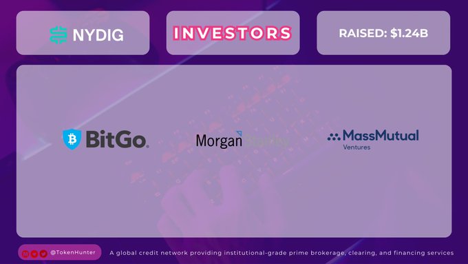 An infographic showing investors for NYDIG, with "RAISED: $1.24B" and logos for BitGo, Morgan Creek, and MassMutual Ventures, branded with @TokenHunter.
