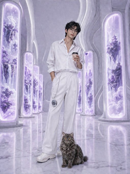 A young man dressed in white, holding a coffee cup, stands beside a fluffy gray cat in a futuristic white room featuring tall illuminated columns displaying purple floating island landscapes.