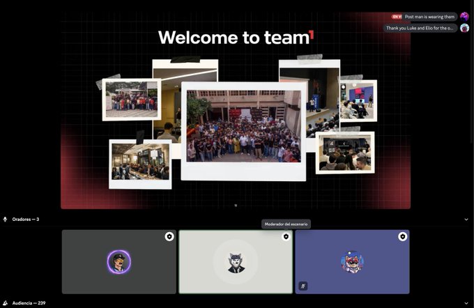 A digital presentation slide titled "Welcome to team¹" displays a collage of polaroid-style photos showing group gatherings and events, with notifications in the upper right indicating "Post-main is wavering them" and "Thank you Luke and Elo for the o...", alongside a bottom panel featuring three team member avatars and an "Oradores — 3" (Speakers — 3) label. The visual aligns with the post's message about Team1 being a community of builders, creators, and ecosystem contributors, showcasing their in-person events and real connections.