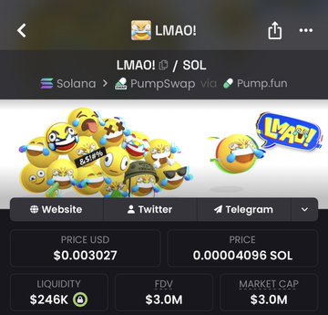 A mobile screen displaying the $LMAO/SOL memecoin on PumpSwap via Pump.fun, priced at $0.003027 USD (0.00004096 SOL) with a market cap and FDV of $3.0M and $246K liquidity, visually backs the post's claim of quiet, steady accumulation showing strength in a choppy market.