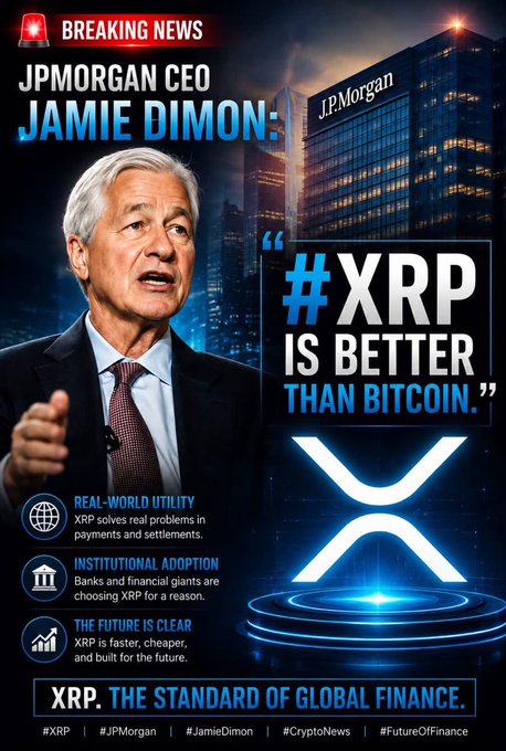 A breaking news-style graphic features JPMorgan CEO Jamie Dimon alongside a quote bubble reading "#XRP IS BETTER THAN BITCOIN," with bullet points highlighting XRP's "Real-World Utility," "Institutional Adoption," and "The Future Is Clear," topped with the headline "XRP. THE STANDARD OF GLOBAL FINANCE." The image amplifies the post's message by visually linking JPMorgan's trillion-dollar status and tokenized U.S. Treasury settlements to XRP's role in modernizing global finance.