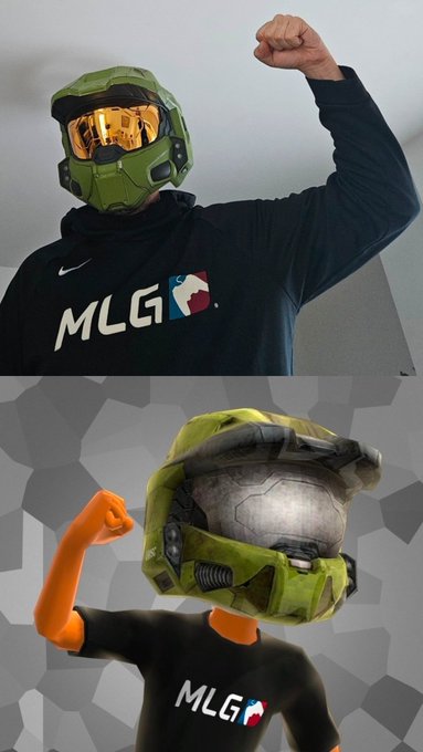 A two-panel image comparing a person wearing an MLG shirt and a green Halo Master Chief helmet with a flexed arm pose (top), to a stylized cartoon character (bottom) doing the same pose in matching attire.