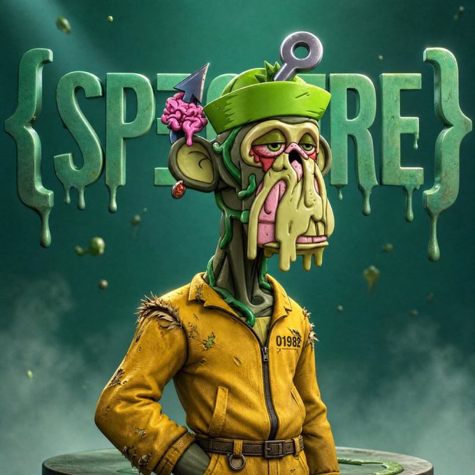 Digital art of a zombie-like character in a yellow jumpsuit with a pink exposed brain, set against a green background with the word 'SPHERE' displayed behind him.