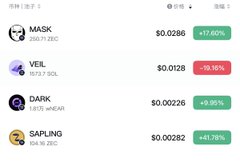 A cryptocurrency price tracker displaying meme tokens with their values and percentage changes: MASK at $0.0286 (+17.40%), VEIL at $0.0128 (-19.55%), DARK at $0.00226 (+9.95%), and SAPLING at $0.00282 (+41.75%).