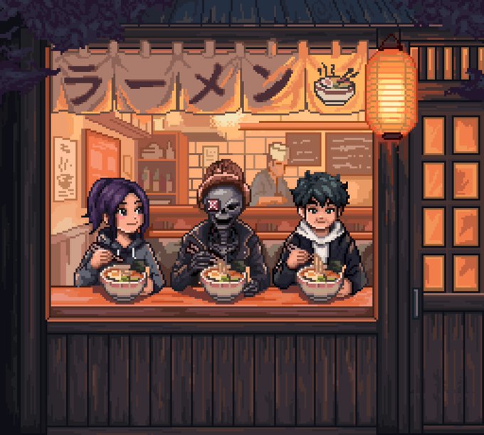 A pixel art scene shows three characters—including a skeletal figure—enjoying ramen together at a cozy Japanese eatery, with a "ラーメン" (ramen) sign and glowing lantern overhead, symbolizing unity and a shared journey.

The image of three diverse characters sitting side-by-side and enjoying a meal together visually represents the partnership, suggesting that "Pixona's NEXT MOVE" is a collaborative effort where new backers are joining the existing team for a shared journey ahead.