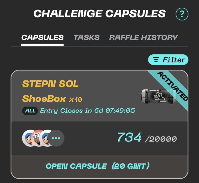 STEPN app 'Challenge Capsules' screen showing an activated STEPN SOL ShoeBox x10 capsule with 734/20000 entries and an 'Open Capsule (20 GMT)' button.