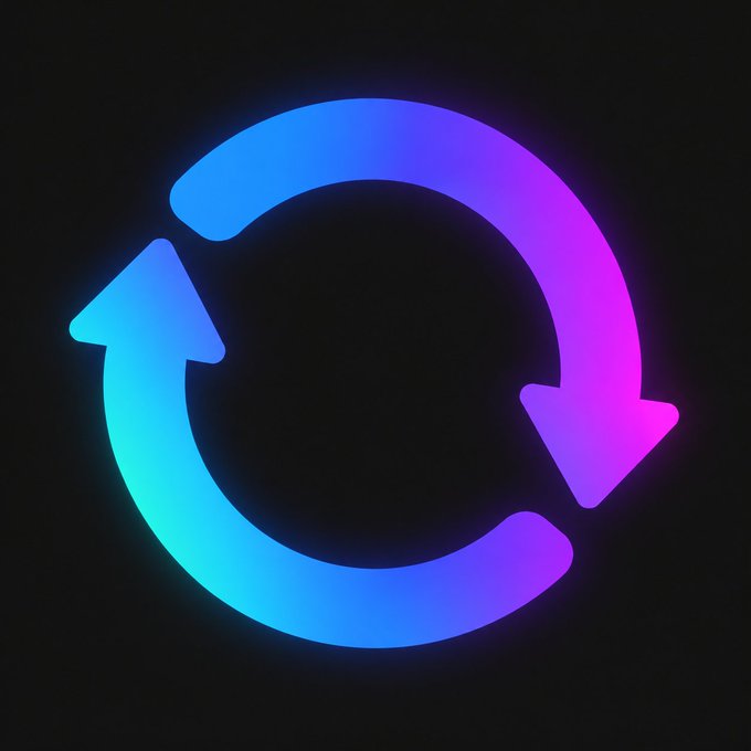 A glowing refresh or sync icon featuring two curved arrows forming a circular pattern, with a vibrant blue-to-pink gradient color scheme set against a black background.