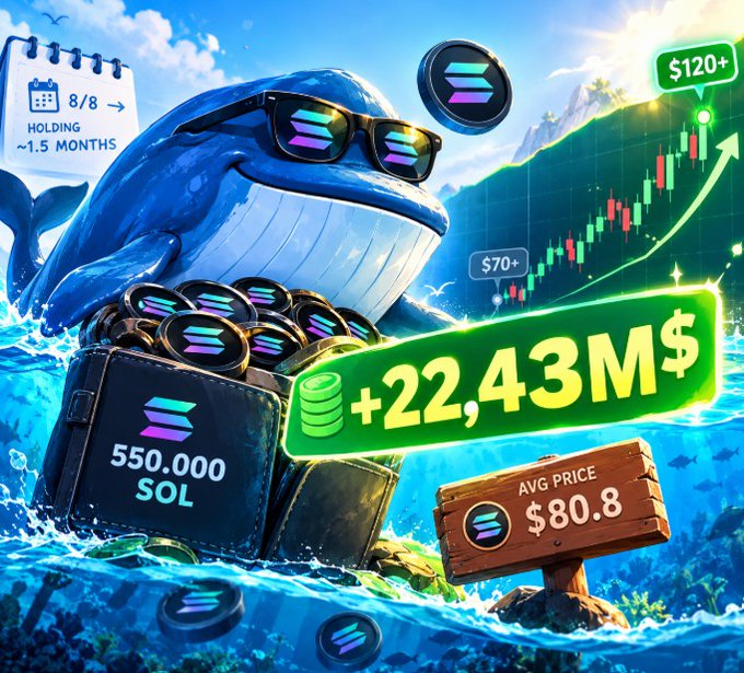 A crypto promotional graphic featuring a whale mascot wearing Solana sunglasses, showing 550,000 SOL holdings worth +$22.43M at an average price of $80.8, currently at $120+.