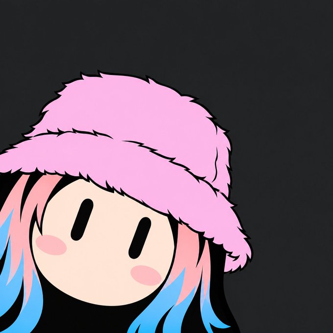 A cartoon character with pink and blue hair wearing a large fluffy pink bucket hat against a dark gray background.
