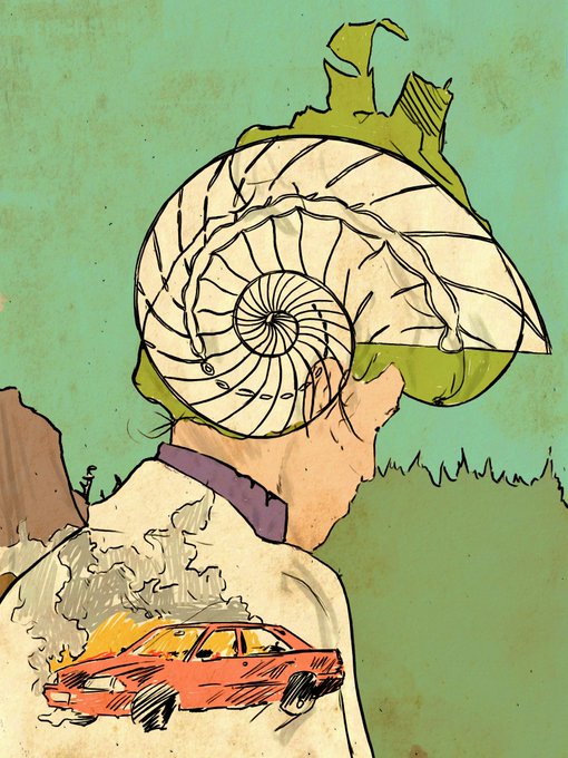 A surreal illustration showing a person whose head is replaced by a large nautilus shell, with a small red car illustration visible on their clothing against a teal background.
