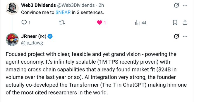 A Twitter/X exchange where user Web3Dividends asks for a 3-sentence pitch on $NEAR, and JP.near responds by highlighting NEAR's agent economy vision, 1M TPS scalability, $24B cross-chain volume, and founder Illia Polosukhin's role in co-developing the Transformer architecture—supporting the accompanying post's view that it's a convincing case for the token.